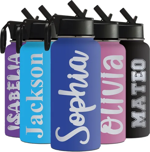 Vista 8 de Botellas de agua personalizadas para niños para la escuela, botella de agua deportiva aislada con nombre personalizado con pajilla, botella de agua