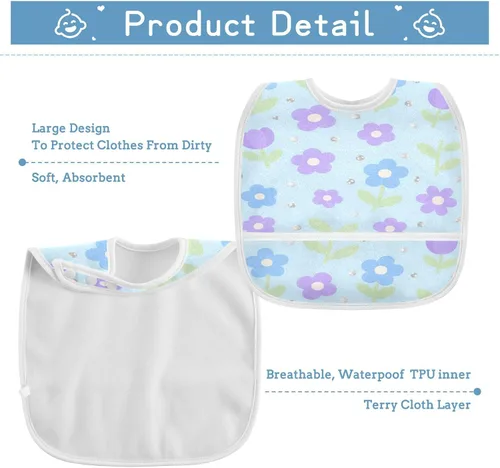 Vista 5 de Adjustable Baby Drooling Bibs with Button Snap 2 Pack Teething Feeding Lovely Blue-purple Flowers baberos para nino paquete