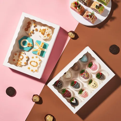 Vista 6 de 4 piezas 10 x 7 x 2.5 pulgadas Cajas de panadería para galletas con ventana, cajas para pasteles de chocolate, macarrones, cajas transparentes