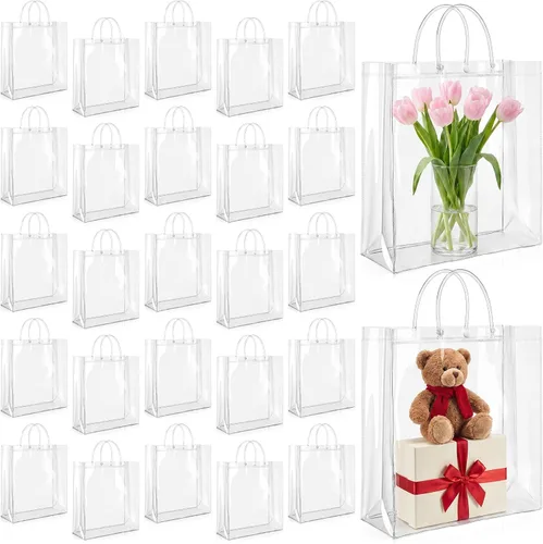 Vista 15 de LEIFIDE 50 bolsas de regalo de plástico transparente con asas, de PVC, reutilizables, transparentes, bolsas para dulces, escuela, fiesta
