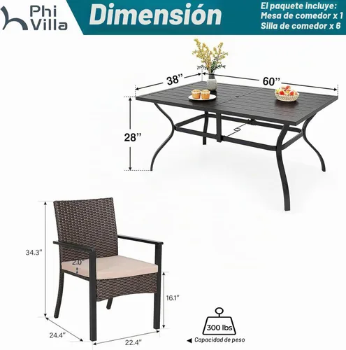 Vista 9 de PHI VILLA Juego de comedor al aire libre de 7 piezas para 6, mesa rectangular de hierro forjado de 152 cm con orificio para sombrilla y sillas