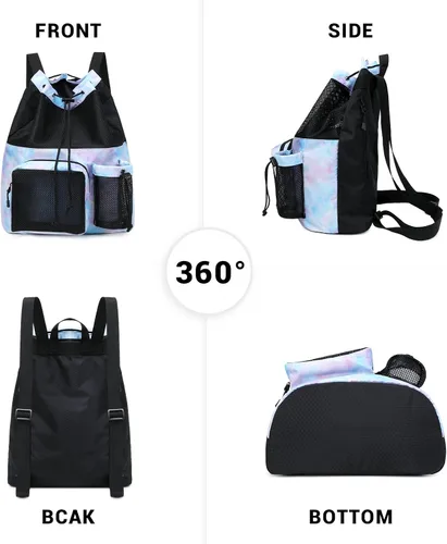 Vista 7 de Lohol Mochila grande de malla con cordón y bolsa para zapatos, saco de natación duradero con asa para deportes, gimnasio, yoga, playa, viajes
