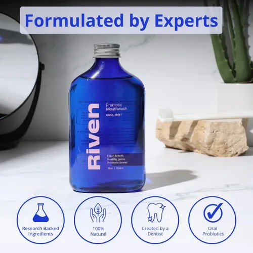 Vista 2 de Riven Enjuague bucal probiótico, paquete de 2 unidades, fabricado en Estados Unidos, enjuague oral equilibrador de pH con probióticos, sin flúor