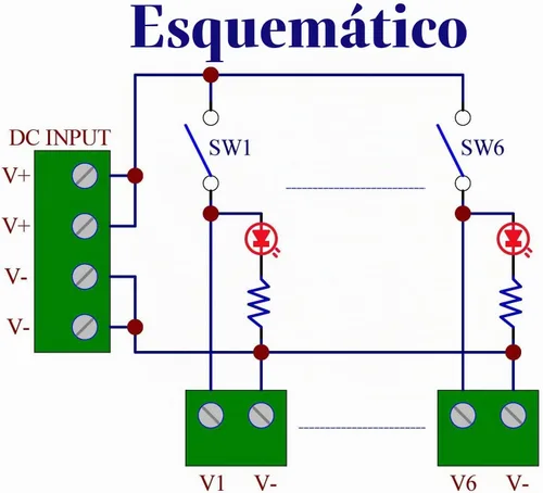Vista 4 de Módulo de tira de distribución de energía de CC del interruptor basculante de 6 canales de montaje de tornillo