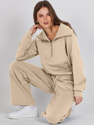 Vista 7 de ANRABESS Women 2 Piece Outfits Sweatsuit Set 2023 Fall Oversized Half Zip Sweatshirt Wide Leg Sweatpant Lounge Set Tracksuit