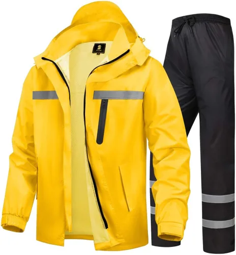 Vista 8 de Traje de lluvia para hombre, de alta visibilidad, reflectante, para trabajo, chaqueta de lluvia, pantalones para todos los deportes, granja, pesca