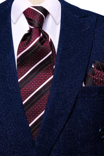 Vista 222 de Hi-Tie Corbatas de seda para hombre, diseño de cachemira a rayas, con bolsillo, gemelos cuadrados, conjunto formal de negocios