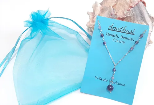 Vista 3 de Natural Crystal Bead Purple Amethyst Y Shaped Lariat Necklace Non-Tarnish Steel Chain