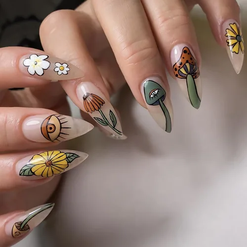 Vista 8 de Aurora - Uñas postizas a presión degradadas, uñas postizas largas de almendra, diseño de sol y luna brillante, uñas artificiales reutilizables