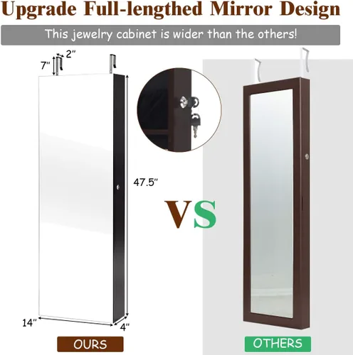 Vista 6 de Giantex Armario de joyería para puerta de pared con espejo de longitud completa, 2 LED con cerradura grande organizador de joyas con espejo ancho