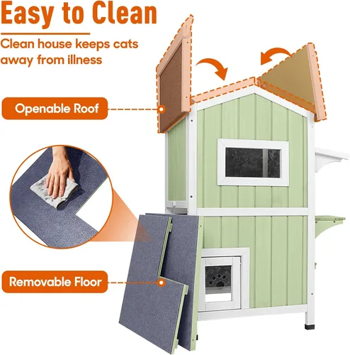 Vista 4 de Casa cálida aislada para gatos de 2 pisos, refugio resistente a la intemperie para gatos con 2 plataformas, capas térmicas, 2 puertas de escape