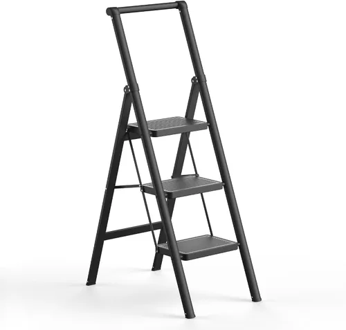 Vista 11 de SOLADDER Escalera plegable de 3 escalones, taburete pequeño para adultos, escalera de hierro antideslizante portátil con pedales anchos para uso