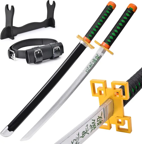 Vista 8 de Demon Slayer - Espada para niños de 31 pulgadas, hoja de bambú con cinturón y soporte de espada, espada de anime de textura original, Katana Demon