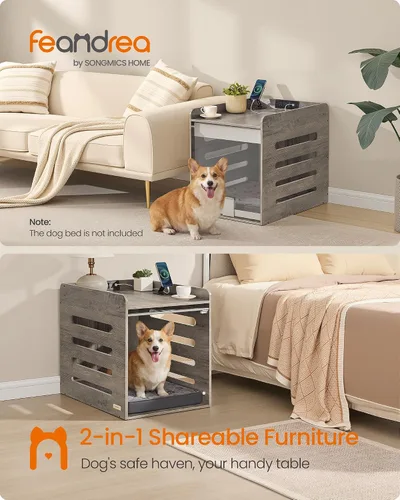 Vista 2 de Feandrea Mueble moderno para perros con estación de carga, pequeña perrera interior con puerta acrílica oculta abatible, para perros pequeños