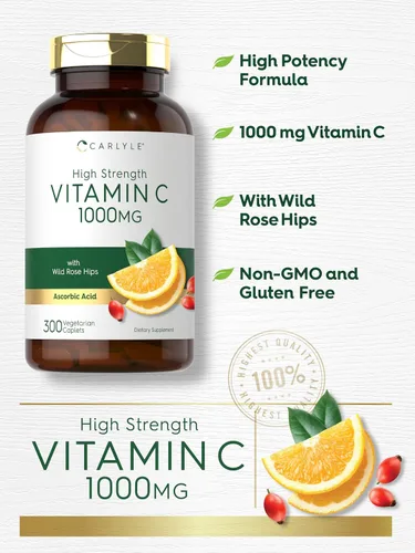 Vista 3 de Carlyle Vitamina C 1000mg 300 Cápsulas vegetales vegetarianas Ácido ascórbico con escaramujos silvestres Fórmula de alta potencia Suplemento