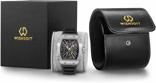 Vista 7 de WISHDOIT Relojes de pulsera mecánicos automáticos Tonneau para hombre, acero inoxidable, con forma de barril, estilo deportivo, impermeable, correa