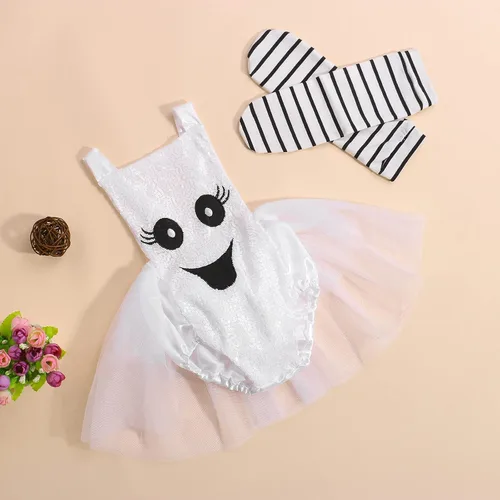 Vista 5 de Conjunto de ropa para bebés recién nacidos de Halloween sin mangas fantasma mameluco tutú vestido de lentejuelas body calentadores de piernas
