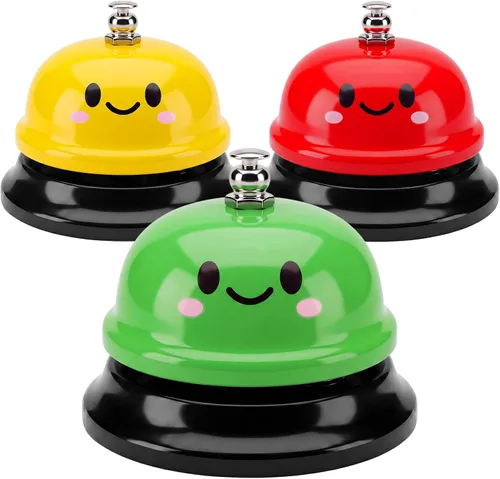 Vista 10 de Hotop Campanas de escritorio de 3 piezas para servicio, divertida recepción, sonriente, timbre de metal, timbre de llamada, para cocina, hotel