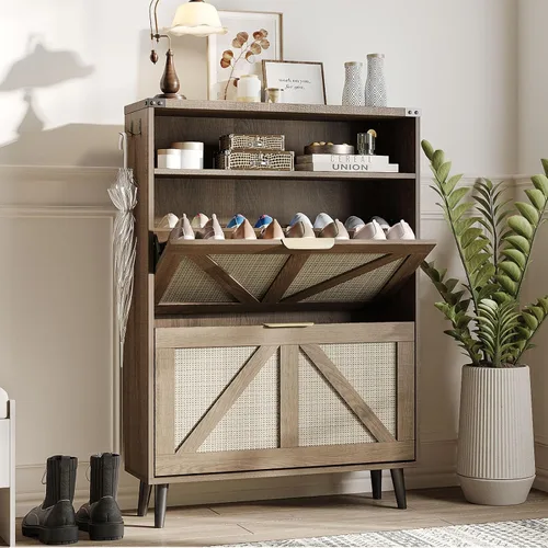 Vista 13 de Halitaa - Gabinete para zapatos con 2 cajones abatibles y almacenamiento abierto, gabinete de almacenamiento de zapatos estilo granja para entrada