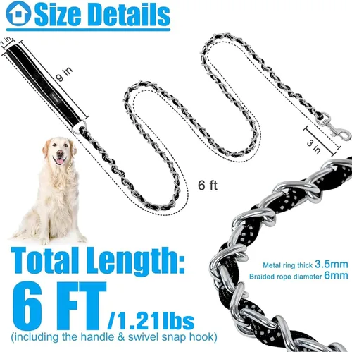 Vista 2 de HOMIMP Correa de perro a prueba de mordidas para perros medianos y grandes, correa reflectante de cadena de metal resistente de 6 pies con mango