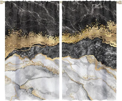 Vista 70 de Cortinas abstractas de mármol de lujo de lujo azul marino dorado a rayas con patrón de mármol estampado para dormitorio, sala de estar, cortinas