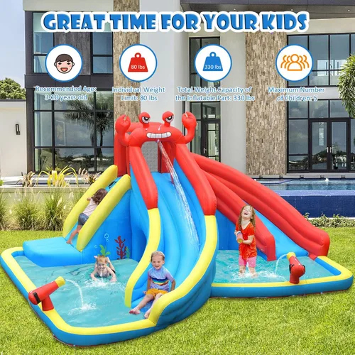 Vista 7 de BOUNTECH - Tobogán acuático inflable, parque acuático 7 en 1 para niños y adultos, diversión al aire libre con doble tobogán largo, soplador de 950
