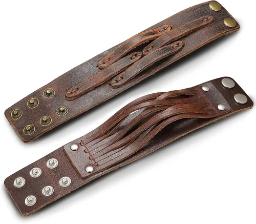 Vista 6 de THUNARAZ 2PCS Leather Cuff Bracelet Wrap Wristband Button Bangle for Men Women Adjustable Wide Brown Belt Punk Bracelet