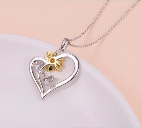 Vista 6 de Collar de plata de ley S925 con dije de girasol con circonita cúbica o aretes para mujer de 18.0 in, Plata de ley, Corazón girasol Nec