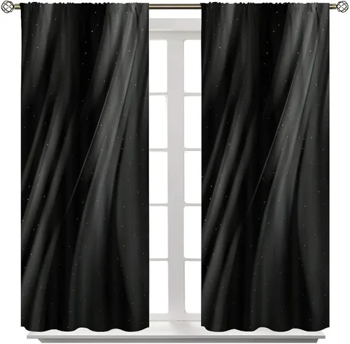 Vista 34 de Cortinas Negras con Dobladillo Dorado, Cortinas Opacas con Bolsillo para Barra con Estampado de Rayas de Foil en Onda Dorada para Decoración de Negro