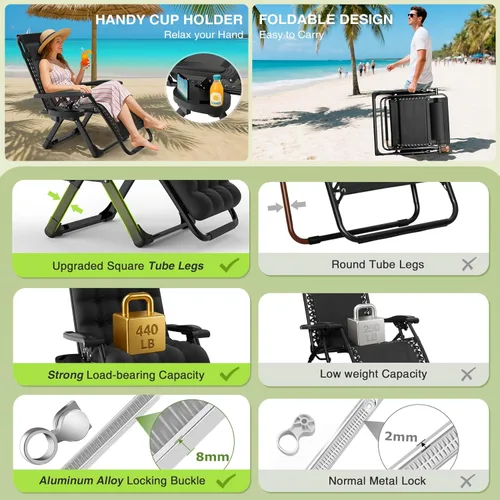 Vista 3 de Suteck Silla de gravedad cero, sillas reclinables de camping, sillón Negro clásico