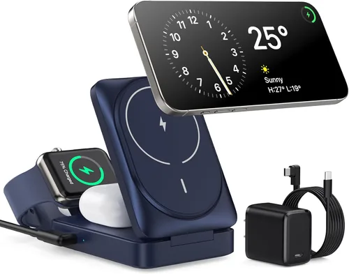 Vista 8 de Cargador Inalámbrico 3 en 1 Estación de Carga para iPhone, Soporte de Carga Magnético de 15W Certificado Qi2 para Mag-Safe con Adaptador USB C
