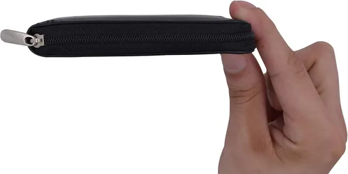 Vista 8 de Billetera plegable de piel con cremallera y bloqueo RFID para hombre, Negro -, Cartera Rfid
