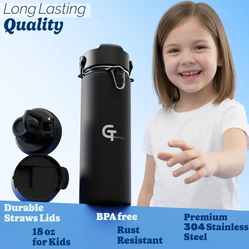 Vista 6 de Botella de agua para niños de 18 onzas, de acero inoxidable aislado con tapa con popote, 3 tapas, a prueba de fugas, mango de paracaídas, sin BPA