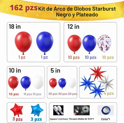 Vista 2 de Kit de arco de globos rojos, blancos y azules de 162 piezas con globos