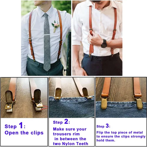 Vista 4 de Leather Suspenders For Men Y Back Design Adjustable Brown Genuine Leather Suspenders Personalized groomsmen gifts