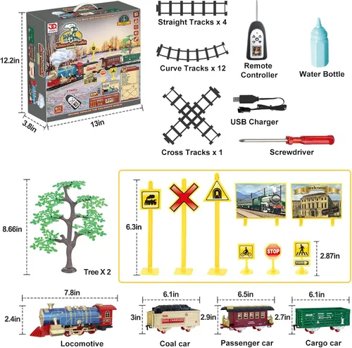 Vista 6 de JQ JUQU Juego de tren de control remoto para niños de 3 a 8 años, tren de juguete eléctrico con vapor, luces y sonidos, incluye 17 pistas y batería