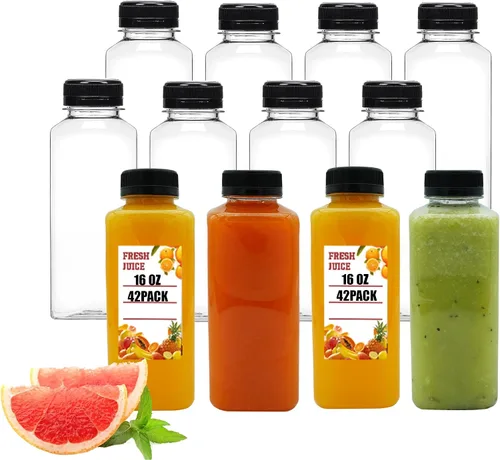 Vista 8 de Kaderron 48 piezas botellas de jugo de plástico de 7 onzas con tapas, botellas vacías de plástico desechables de PET, recipientes transparentes