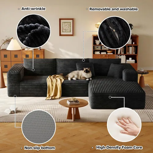 Vista 5 de Sofá modular de 108.2 pulgadas con asiento profundo, sofá de pana en forma de L sin hueso, comodidad moderna, sofá nube de gran tamaño para sala