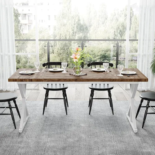 Vista 4 de Mesa de comedor de granja para 6-8 personas, mesa de comedor rectangular de madera de 70.8 pulgadas, mesa de cocina rústica con patas de metal extra