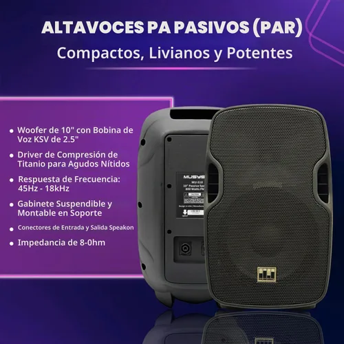 Vista 4 de Sistema PA completo, profesional, de 2000 watts, con mezclador 6 Ch, parlantes de 10 in y soporte para micrófonos inalámbricos dobles