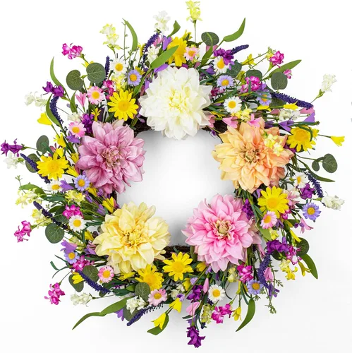 Vista 9 de LLZLL Decoraciones de primavera para el hogar, corona de primavera de 22 pulgadas, coronas artificiales de verano con hojas de eucalipto, lavanda