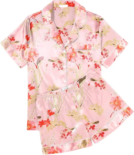 Vista 31 de Ekouaer Conjunto de pijama de satén de seda para mujer, suave, de manga corta, con botones, ropa para dormir, camiseta y pantalones cortos, juego