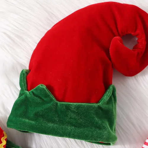 Vista 5 de Luckinbaby Disfraz de Navidad para niñas pequeñas, vestido de manga corta con cuello de muñeca de color contrastante + sombrero + calcetines a rayas