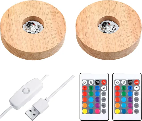 Vista 12 de 2 piezas de base de luz LED de madera, base de exhibición LED para arte de vidrio, cristal, resina acrílica, 16 luces USB de colores con control