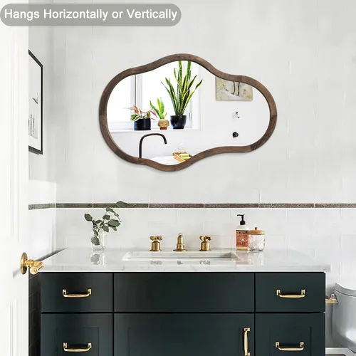 Vista 5 de Espejo con marco de madera irregular para pared, moderno, asimétrico, único, espejo de pared para colgar, espejo artístico ondulado, decoración