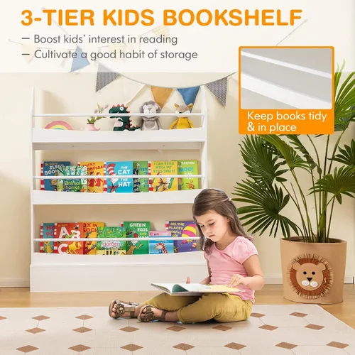 Vista 3 de Costzon Estantería para niños montada en la pared, estante organizador de madera de 3 niveles para libros y juguetes, estantería para niños pequeños