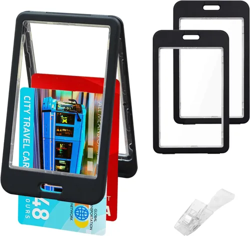 Vista 8 de Paquete de 3 soportes horizontales para tarjetas de identificación transparentes de doble cara, impermeable, resistente, para tarjetas