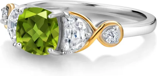 Vista 3 de Gem Stone King Anillo de plata 925 y oro amarillo de 10 quilates, con 3 piedras, peridoto y moissanita media luna (1.51 quilates Cttw)