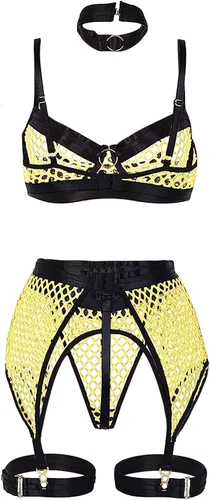Vista 5 de Women Sexy Lingerie Set with Garter Belt and Choker for Sex Naughty High Waisted Sheer Mesh Fishnet Teddy Babydoll Bodysuit