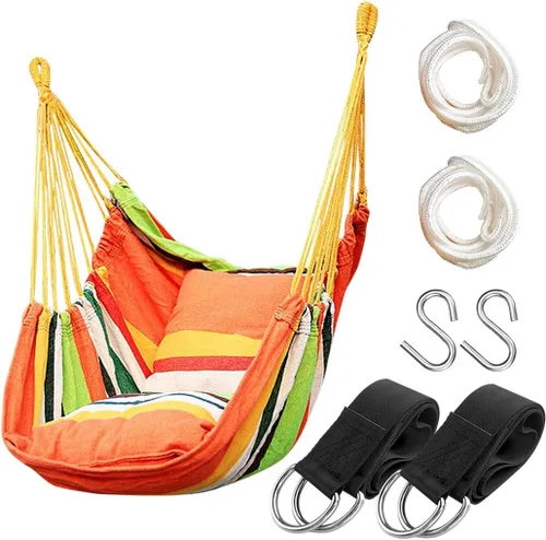 Vista 10 de Silla hamaca colgante de cuerda para interiores y exteriores, columpio de hamaca de tejido de algodón resistente, máximo 300 libras